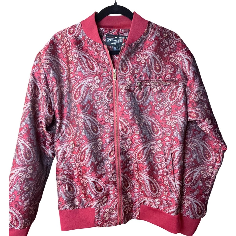 Royal Prestige Red Paisley Jacquard Bomber VTG Jacket Women M Zip Up Lightweight
